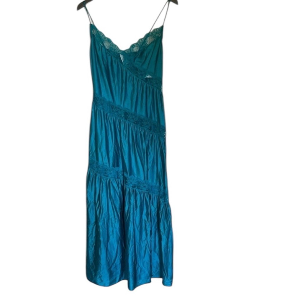 VTG y2k Women Midi Lace Slip Dress Whimsigoth Fairy Spaghetti Strap Turquoise L